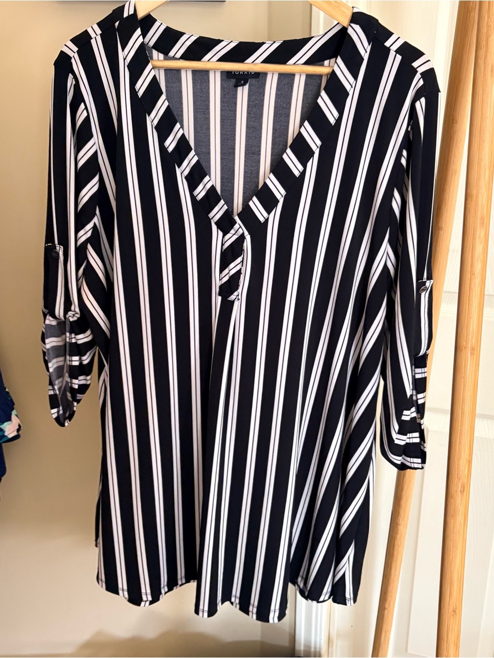torrid Black and White Vertical Stripe V-Neck Blouse